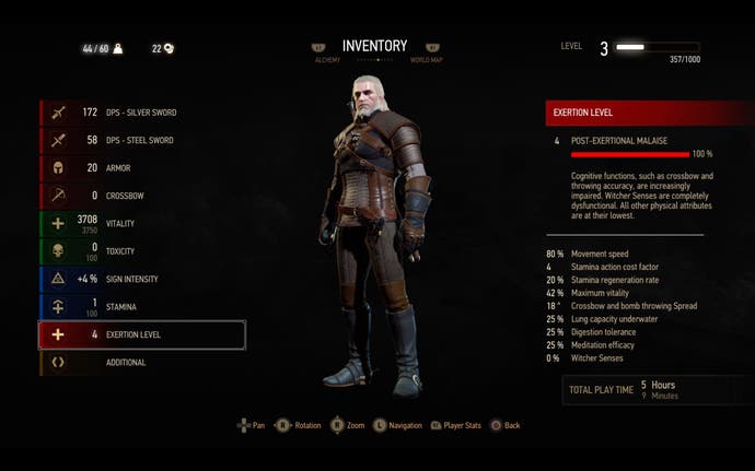 An image of Stellar7Project's long COVID mod for The Witcher 3: Wild Hunt, showing the effects of post-exertional malaise on Geralt in the character screen.