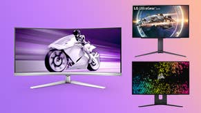 Three OLEDs pictured on a coloure background: Philips Evnia 34M2C8600, LG UltraGear 27GR95QE and Corsair Xeneon 27QHD240
